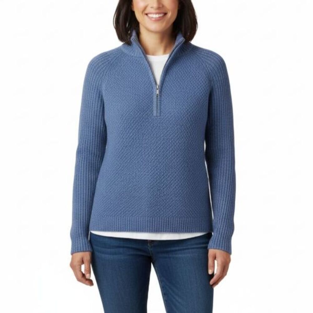 Woolrich Women's Blue Cotton Textured Knit 1/2 Zip Mockneck LS Sweater Size XL